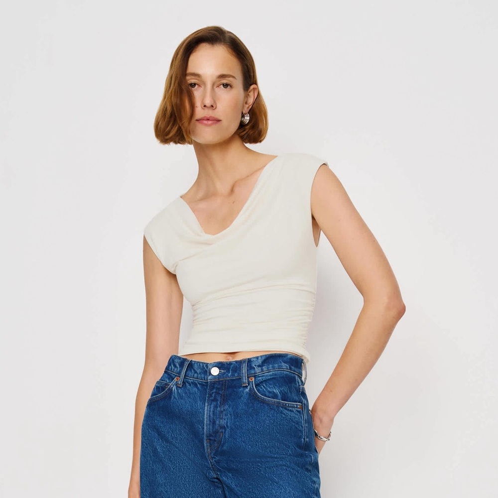Reformation Ivory Draped One-Shoulder Crop Top
